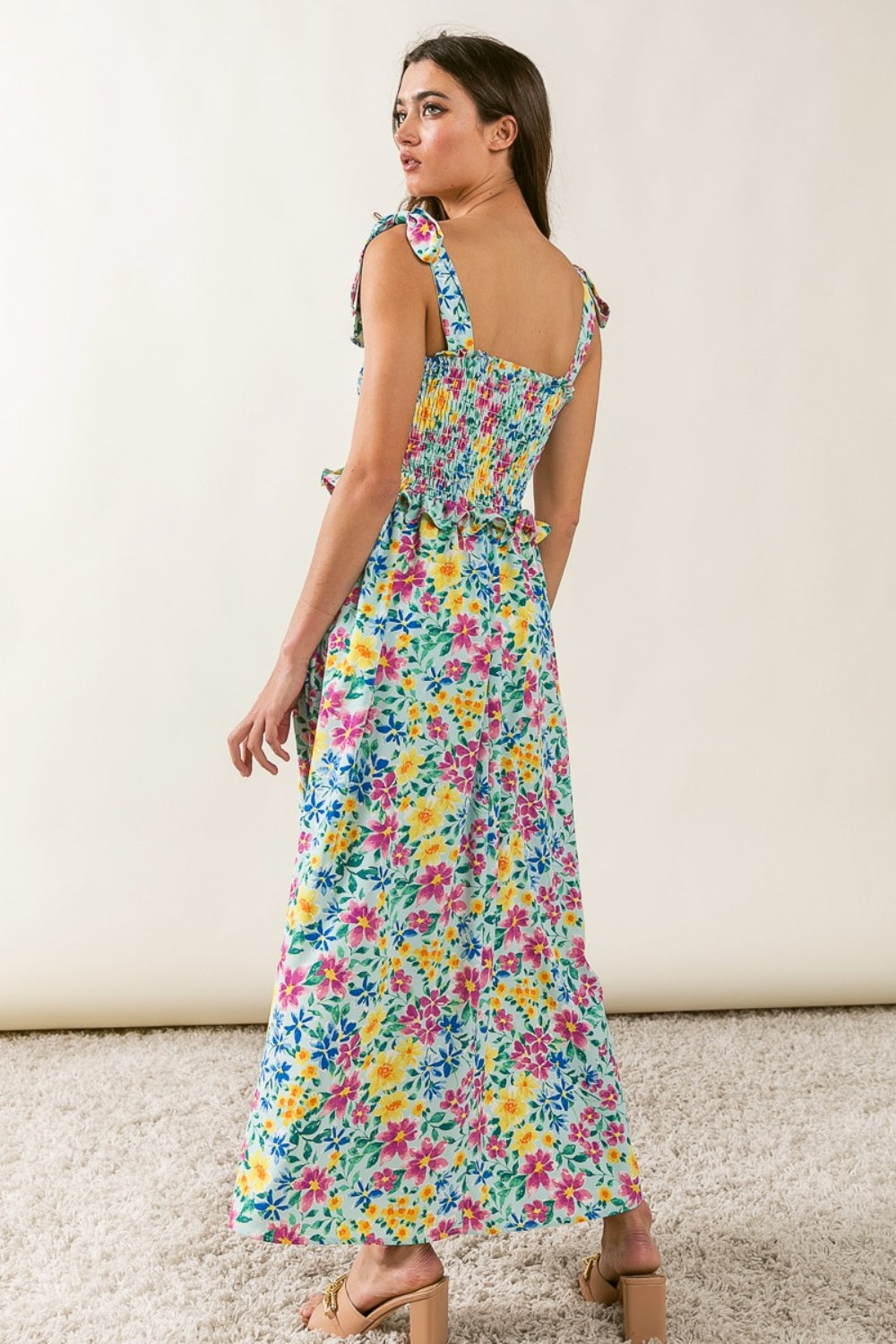 BiBi Floral Ruffle Trim Smocked Cami Dress | us.meeeshop