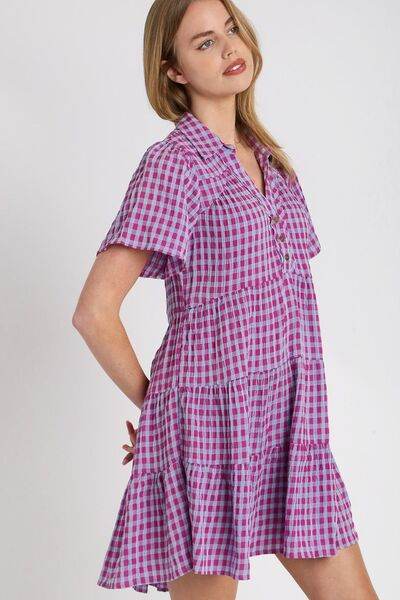 Umgee Gingham Tiered Button Detail Short Sleeve Dress Plus Size - us.meeeshop