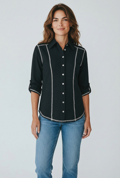 Seersucker Contrast Stitching Button Up