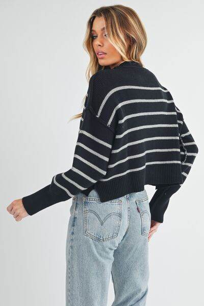 Aemi + Co Side Slit Striped Round Neck Knit Top - us.meeeshop