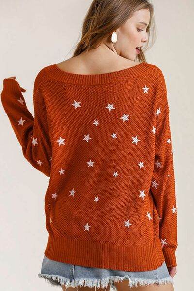 Umgee Star V-Neck Long Sleeve Sweater Plus Size - us.meeeshop