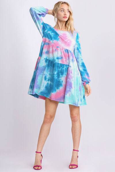 Umgee Tie Dye Round Neck Long Sleeve Babydoll Tiered Dress Plus Size - us.meeeshop