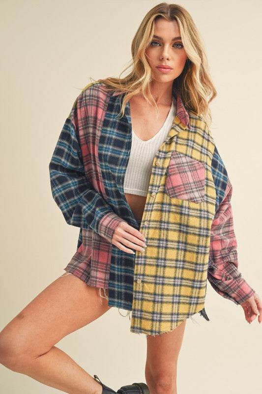 Aemi + Co Frayed Hem Color Block Plaid Drop Shoulder Shirt - us.meeeshop