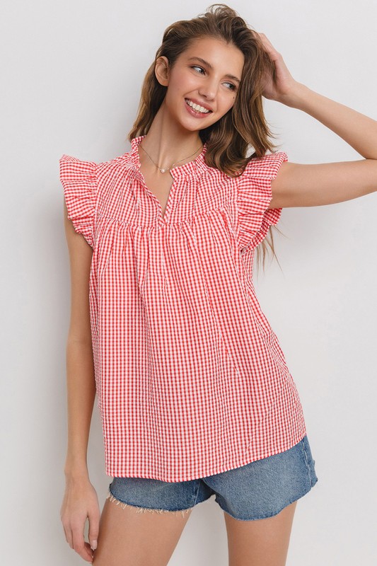 Ces Femme Plaid Notched Ruffled Cap Sleeve Blouse - us.meeeshop