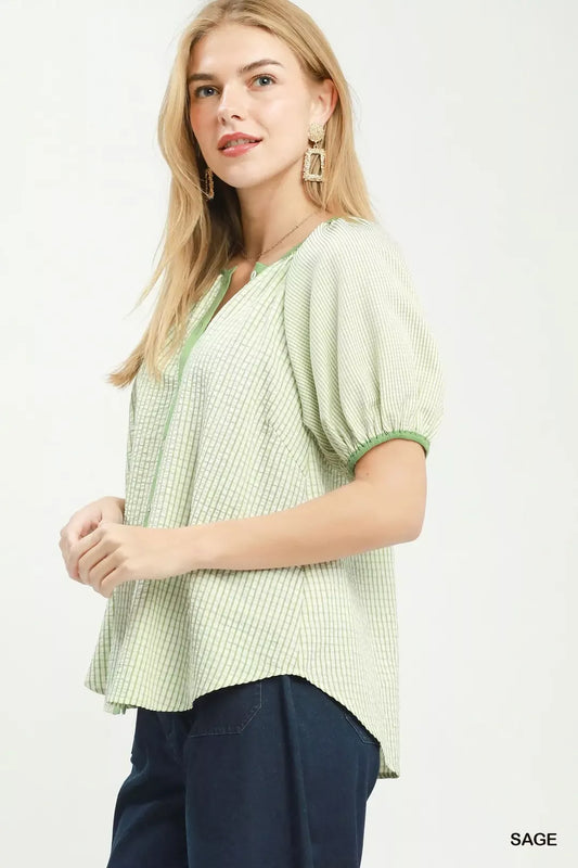 umgee checker puff Umgee Checker Puff Sleeve Button Front Blouse view 2 (top) - shop at us.meeeshop