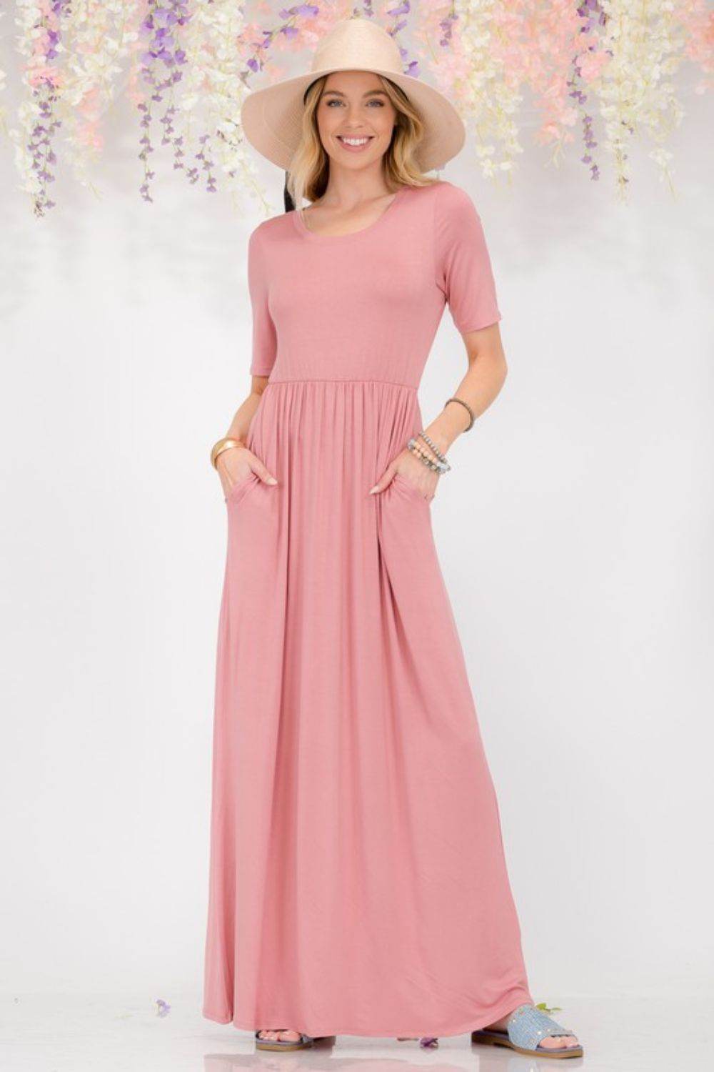 Celeste | Round Neck Short Sleeve Maxi Dress with Pockets Plus Size - us.meeeshop