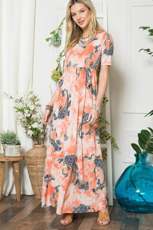 Celeste Paisley Print Short Sleeve Maxi Dress with Pockets - us.meeeshop