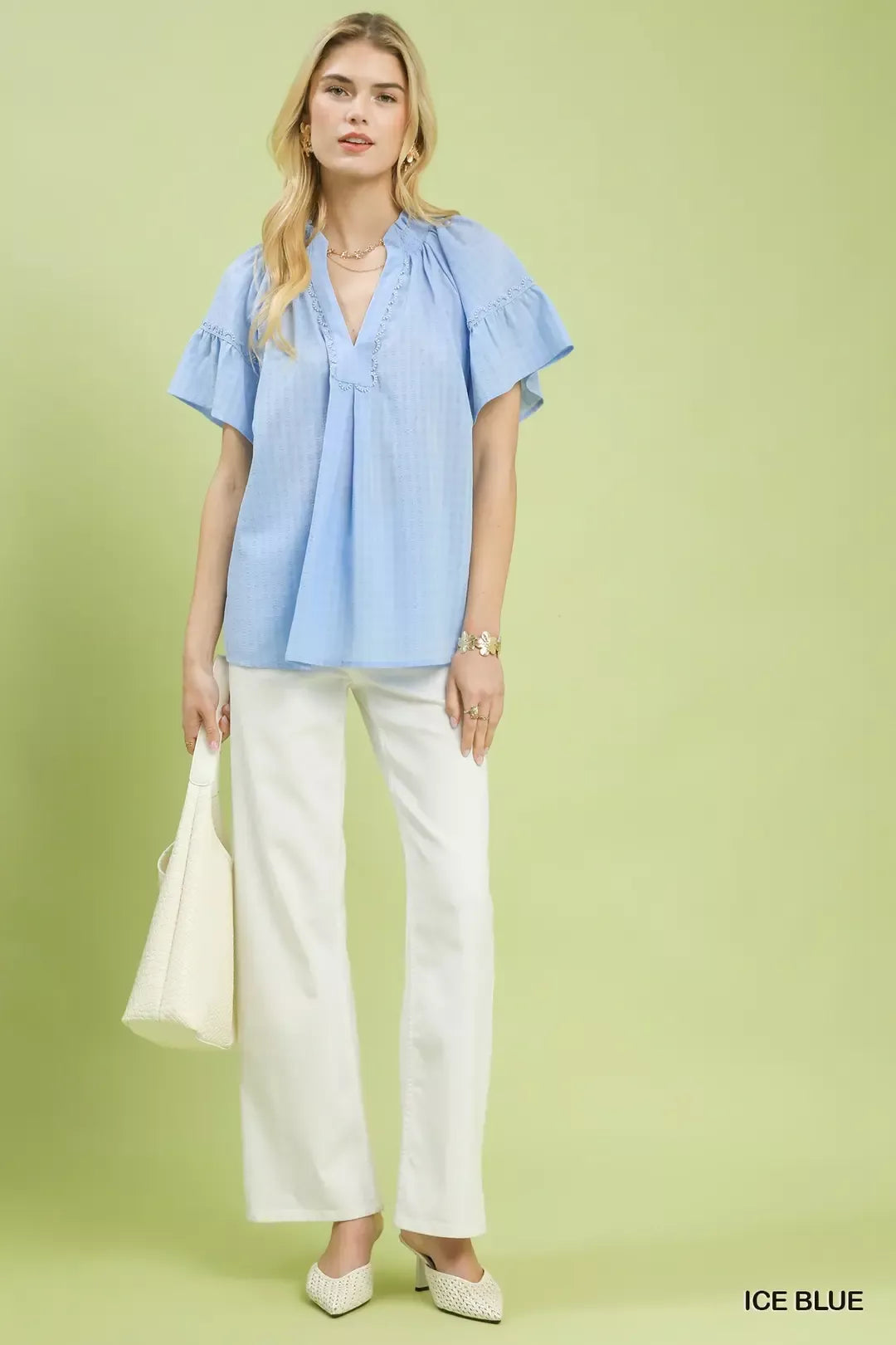 umgee gingham puff Umgee Gingham Puff Sleeve Top with Lace Trim view 4 (top) - shop at us.meeeshop