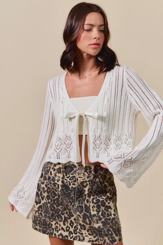 SO ME Textured Sweater Open Front Ribbon Tie Cardigan (women's shirts & tops) - shop at us.meeeshop