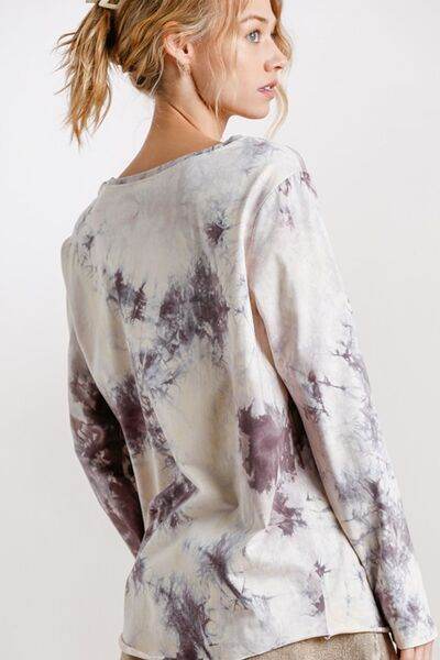 Umgee Tie Dye Front Gathered Detail Round Neck Long Sleeve T-Shirt Plus Size - us.meeeshop