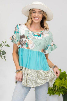 Celeste Printed Color Block Ruffled Short Sleeve Top