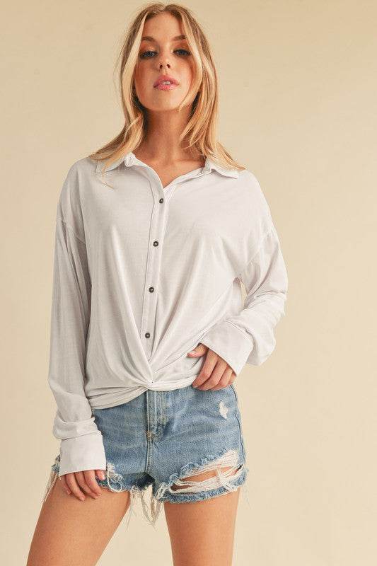 Aemi + Co Twisted Hemline Button Detail Collared Neck Top - us.meeeshop