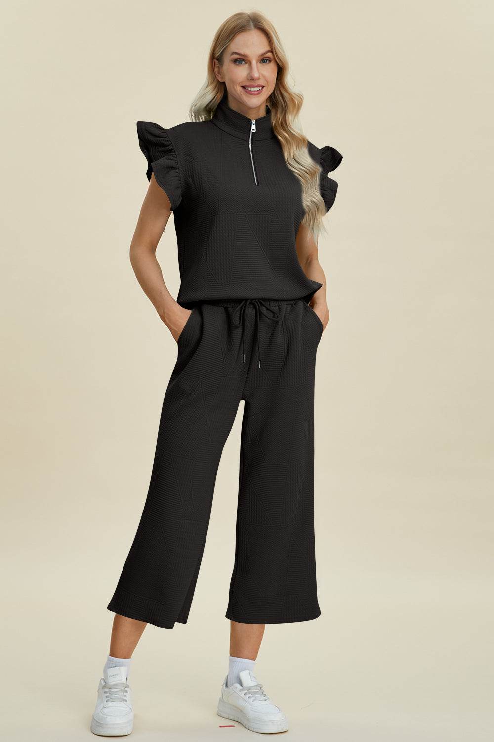 Double Take Full Size Texture Ruffle Short Sleeve Top and Wide Leg Pants Set - us.meeeshop