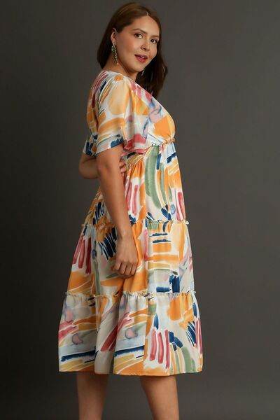 Umgee Abstract Print Flutter Sleeve Frill Tiered Midi Dress Plus Size - us.meeeshop