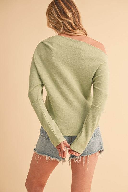 Aemi + Co One Shoulder Long Sleeve Knit Top in Sage - us.meeeshop