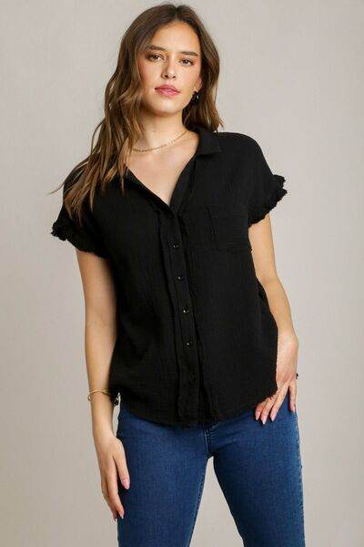 Umgee Frayed Hem Collared Neck Short Sleeve Shirt Plus Size - us.meeeshop