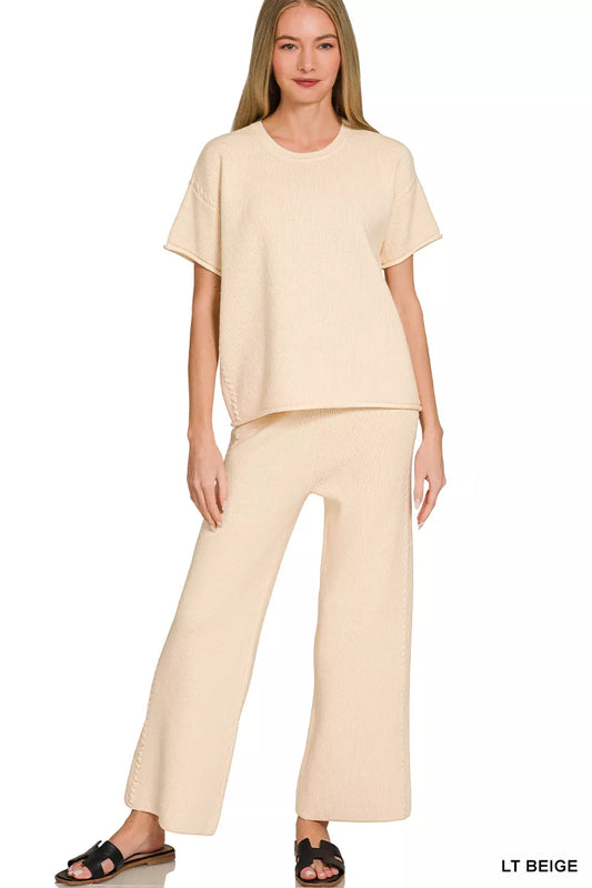 zenana viscose round Zenana Viscose Round Neck Top & Pants Set LT BEIGE (top) - shop at us.meeeshop