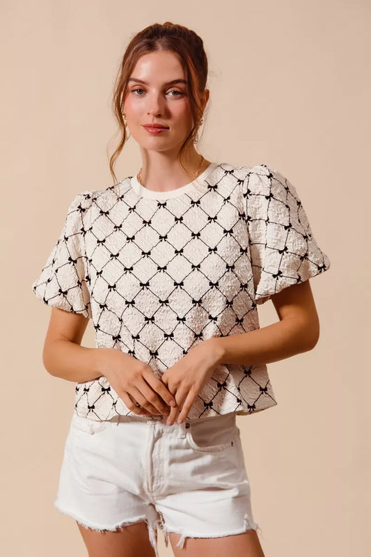 SO ME Bow Texture Woven Bubble Sleeve Top (women's shirts & tops) - shop at us.meeeshop