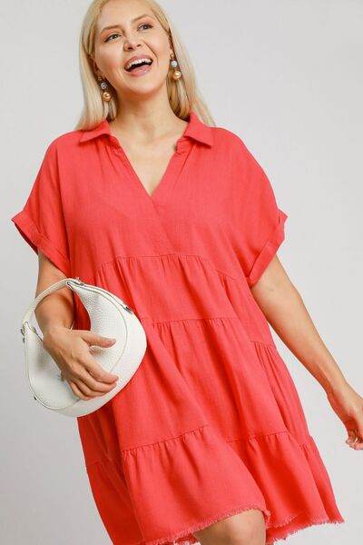 Umgee Raw Hem Folded Sleeve Tiered Dress Plus Size - us.meeeshop