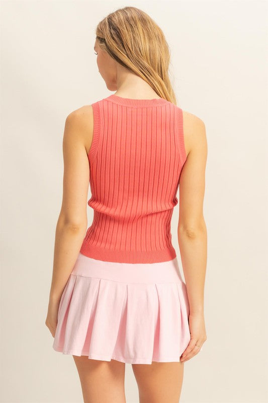 HYFVE Stretchy Ribbed Round Neck Sweater Tank in Coral - us.meeeshop