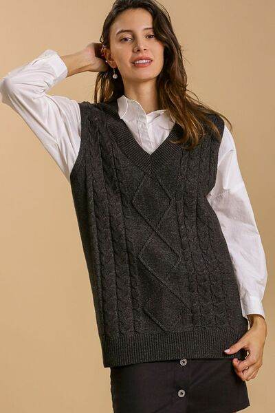 Umgee Cable V-Neck Vest Sweater Plus Size - us.meeeshop