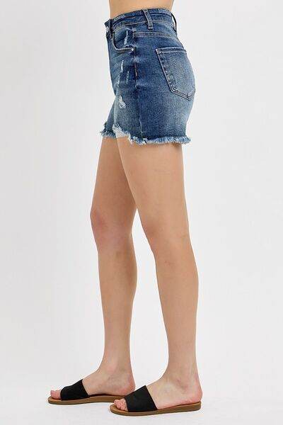 RISEN Distressed Raw Hem Denim Shorts - us.meeeshop