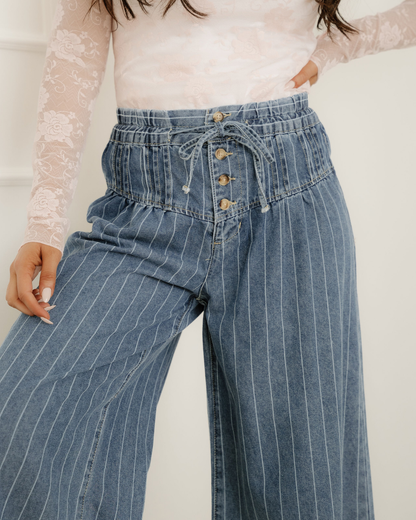 cora stripe button Cora Stripe Button Pleated Drawstring Waist Casual Wide Leg Jeans view 8 (bottom) - shop at us.meeeshop
