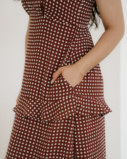 irene coffee polka Irene Coffee Polka Dot Print Backless Ruffled Tiered Maxi Dress view 5 (dress) - shop at us.meeeshop