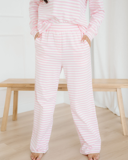 thea stripe drop Thea Stripe Drop Shoulder Round Neck Top and Buttoned Straight Pants Two Piece Set view 6 (top) - shop at us