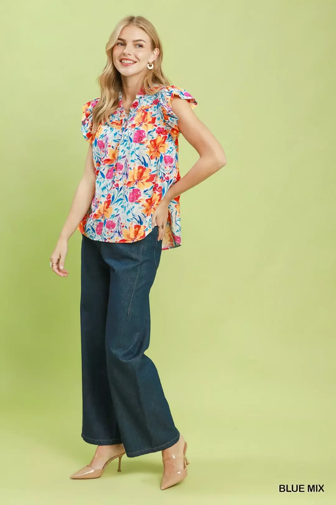umgee smocked yoke Umgee Smocked Yoke Ruffle Sleeve Floral Blouse view 5 (top) - shop at us.meeeshop