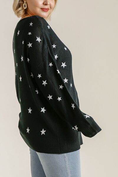 Umgee Star V-Neck Long Sleeve Sweater Plus Size - us.meeeshop