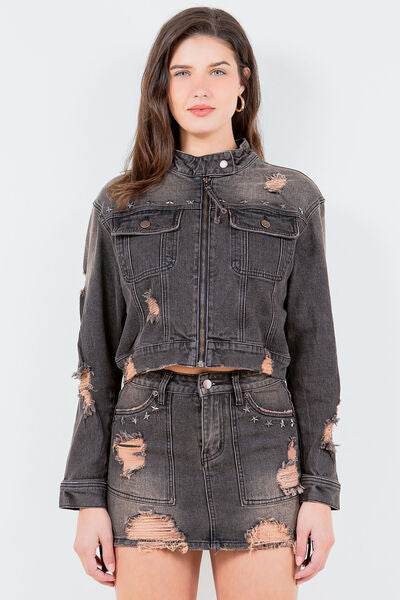 American Bazi Distressed Star Stud Trim Denim Rider Jacket Plus Size - us.meeeshop