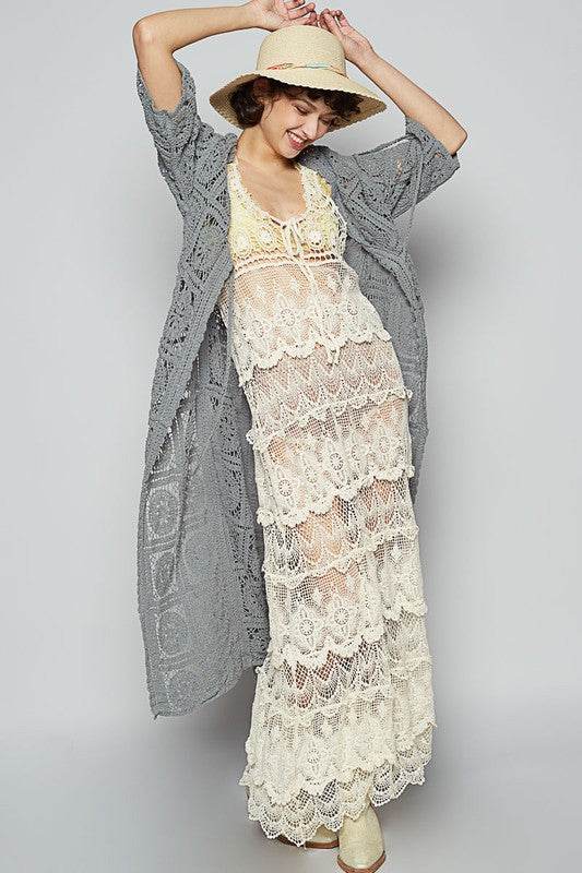 POL Tied Crochet 3/4 Sleeve Longline Cardigan in Dark Gray - us.meeeshop