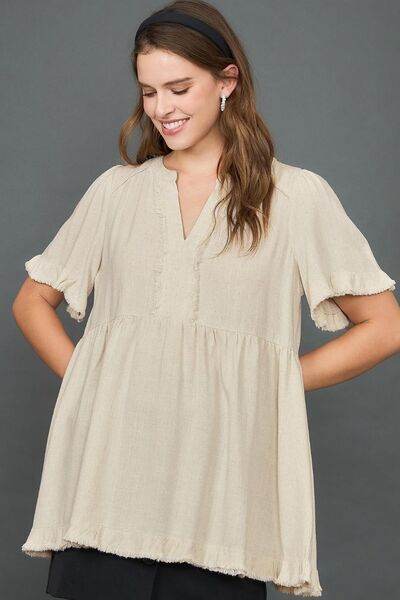 Umgee Raw Hem Notched Babydoll Linen Blouse Plus Size - us.meeeshop