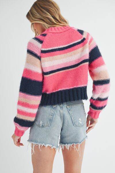 Aemi + Co Striped Ribbed Neckline Raglan Sleeve Sweater - us.meeeshop