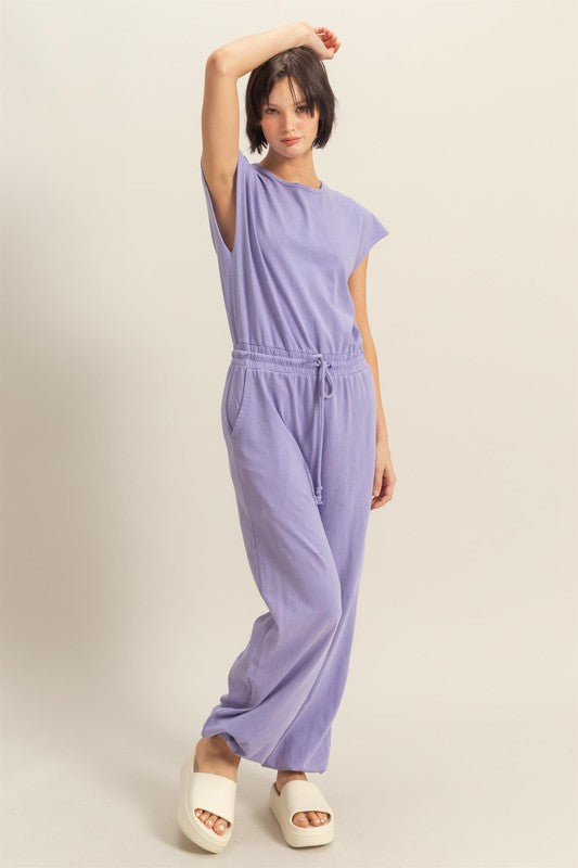 HYFVE Back Keyhole Round Neck Cap Sleeve Drawstring Jumpsuit in Lavender - us.meeeshop