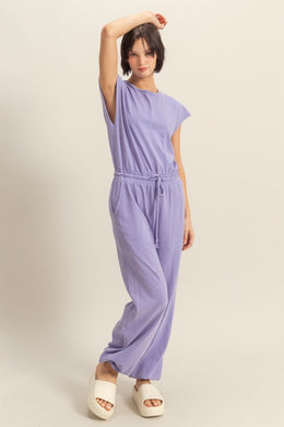 HYFVE Back Keyhole Round Neck Cap Sleeve Drawstring Jumpsuit in Lavender