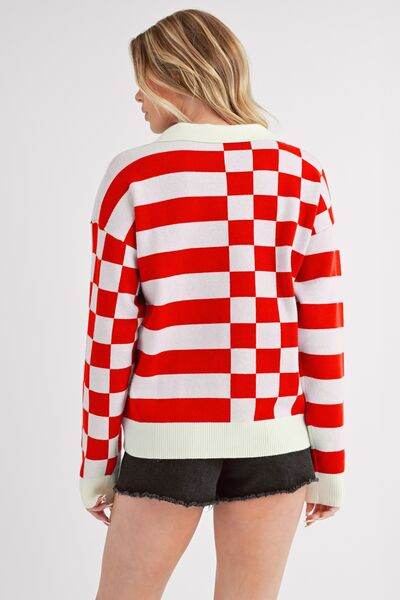 Aemi + Co Striped & Checkered Drop Shoulder Sweater - us.meeeshop