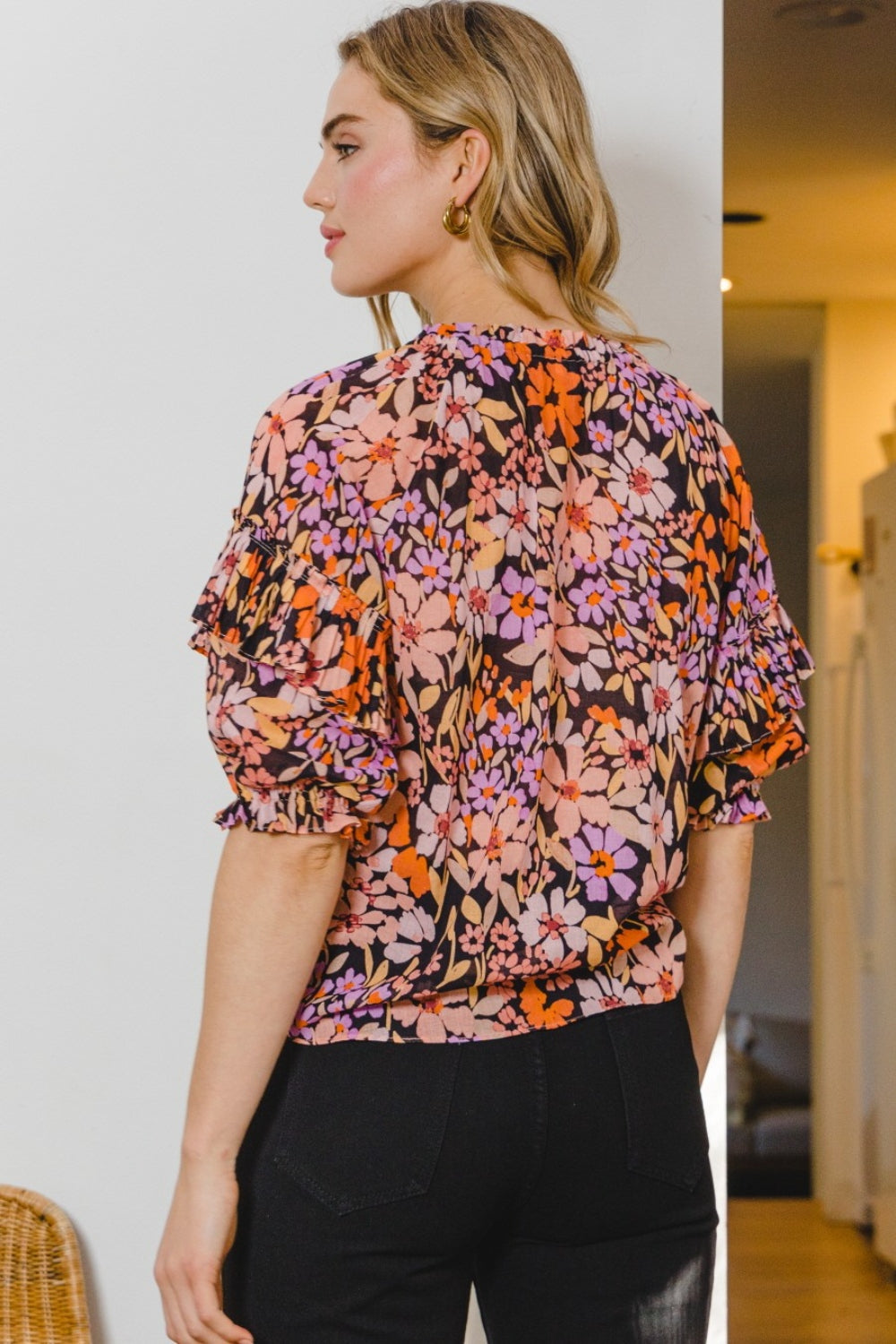 ODDI Full Size Floral Tie Neck Ruffled Blouse | us.meeeshop
