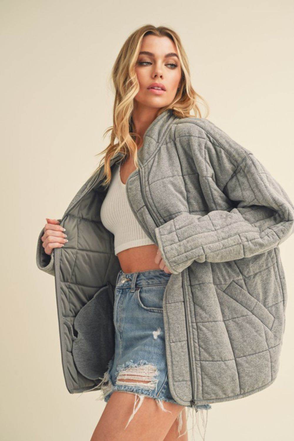 Aemi + Co Zip Up Drop Shoulder Quilted Washed Jacket - us.meeeshop