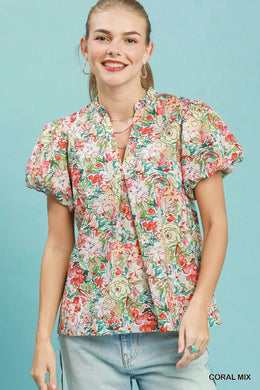 Umgee Floral Puff Sleeve Blouse