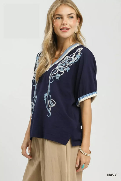 umgee embroidered floral Umgee Embroidered Floral V-neck Short Sleeve Blouse with Contrast Trim view 3 (top) - shop at us.mee