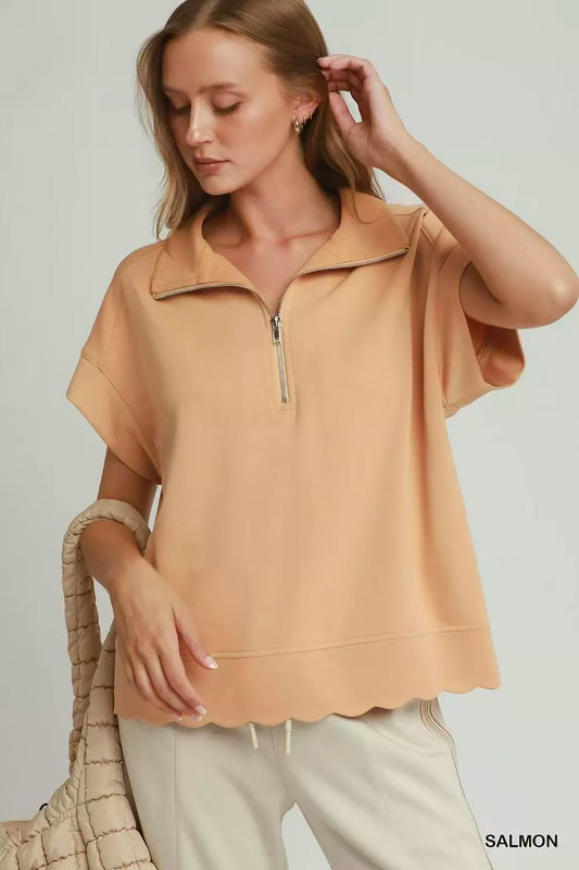 umgee half zip Umgee Half Zip Pullover with Scalloped Edge Hem SALMON (layer) - shop at us.meeeshop