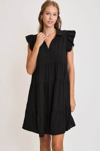 Umgee Johnny Collar Ruffle Cap Sleeve Tiered Dress Plus Size - us.meeeshop