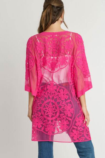 Umgee Floral Lace Open Front Kimono Sleevee Cover Up with Waist Tie Plus Size - us.meeeshop