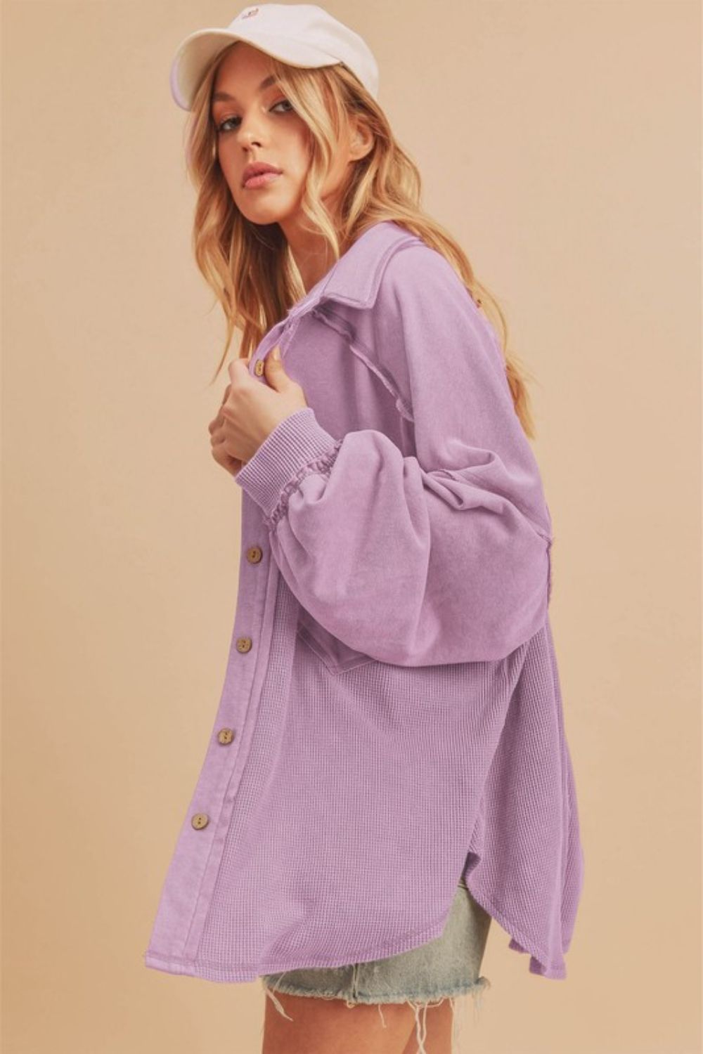 Aemi + Co Acid Washed Exposed Seam Button Up Jacket in Lilac - us.meeeshop