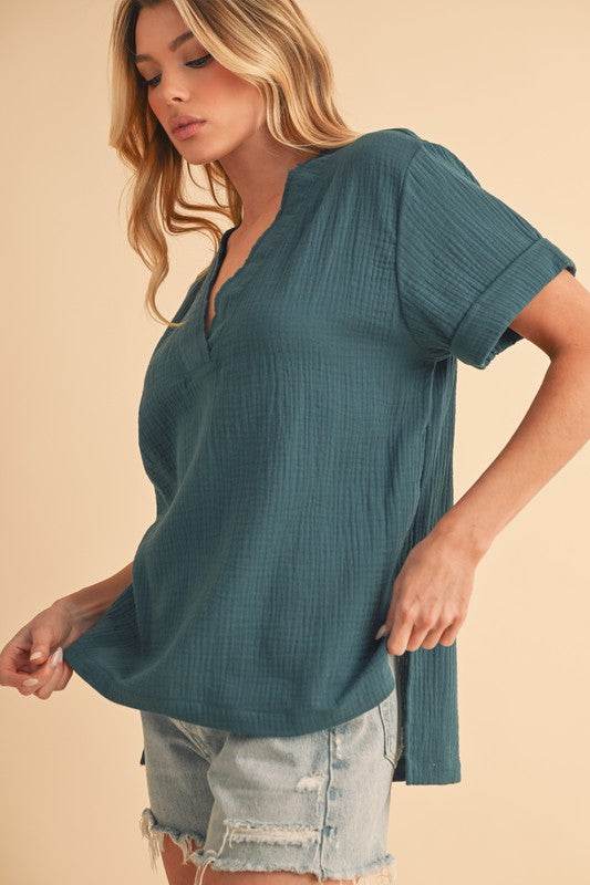 Aemi + Co Side Slit V-Neck Short Sleeve Blouse - us.meeeshop