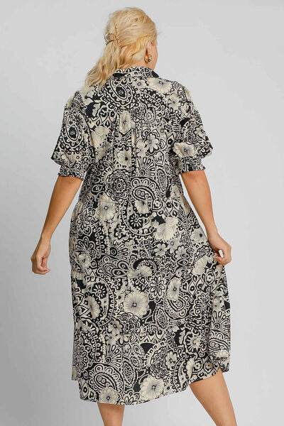 Umgee Printed Smocked Cuff Puff Sleeve Midi Dress Plus Size - us.meeeshop