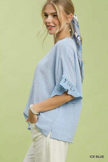 umgee crochet trim Umgee Crochet Trim Flutter Sleeve Top view 2 (top) - shop at us.meeeshop