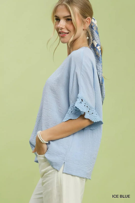 Umgee Crochet Trim Flutter Sleeve Top (women's shirts & tops) view 2 - shop at us.meeeshop